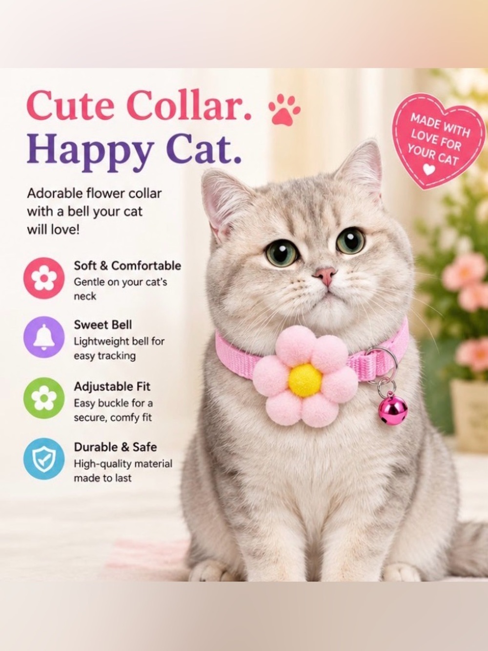 Colorful Flower Cat Collar with Bell a variety of colors to choose from NWT